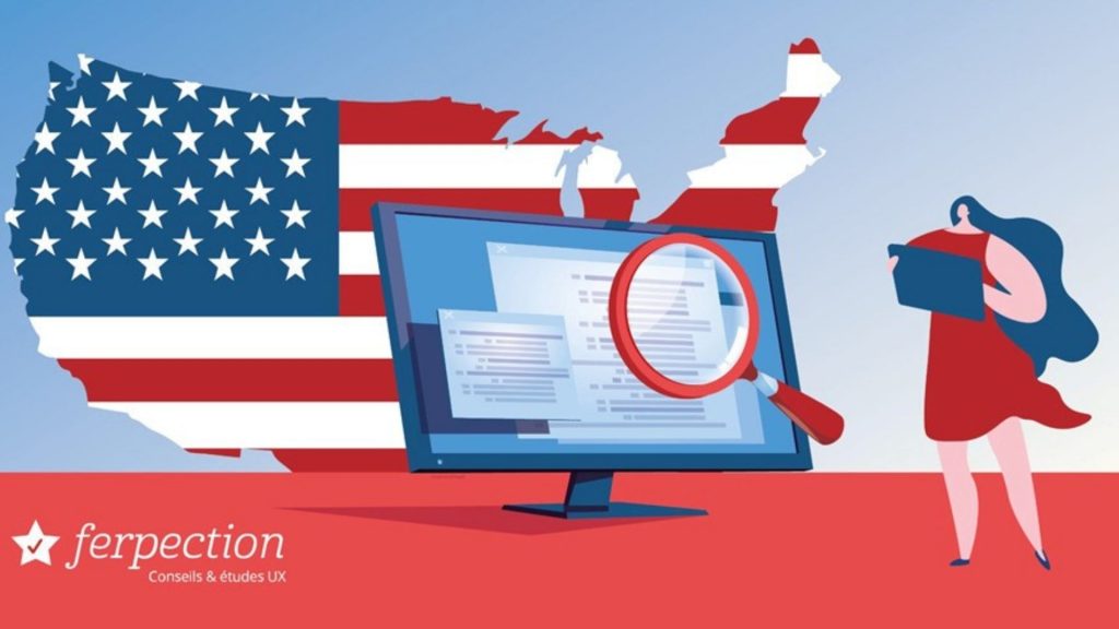 Ferpection dévoile les nouvelles tendances de navigation web et UX en France Ordinateur avec une loupe sur l'écran et un drapeau américain dans le fond