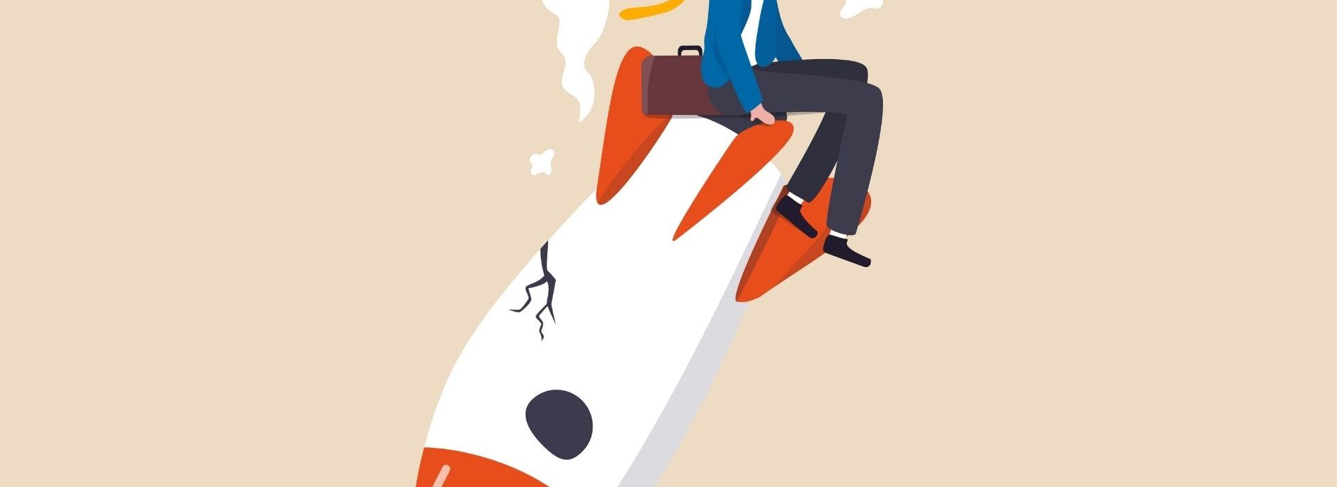 L’échec fait partie du travail du commercial. De la prospection à la vente, il est inévitable. Apprendre à le gérer est indispensable pour rebondir et devenir plus efficace ! Homme d'affaires déprimé assis sur une fusée qui vient de s'écraser