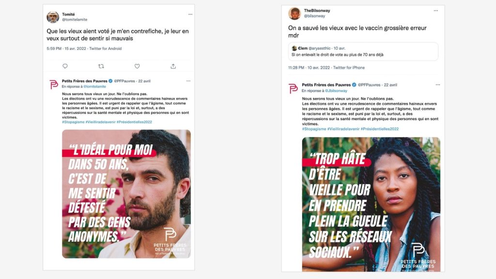 les Petits Frères des Pauvres rappelle que l'âgisme, tout comme le racisme ou le sexisme, est puni par la loi. Affiche de la campagne de l'association des Petits Frères des Pauvres