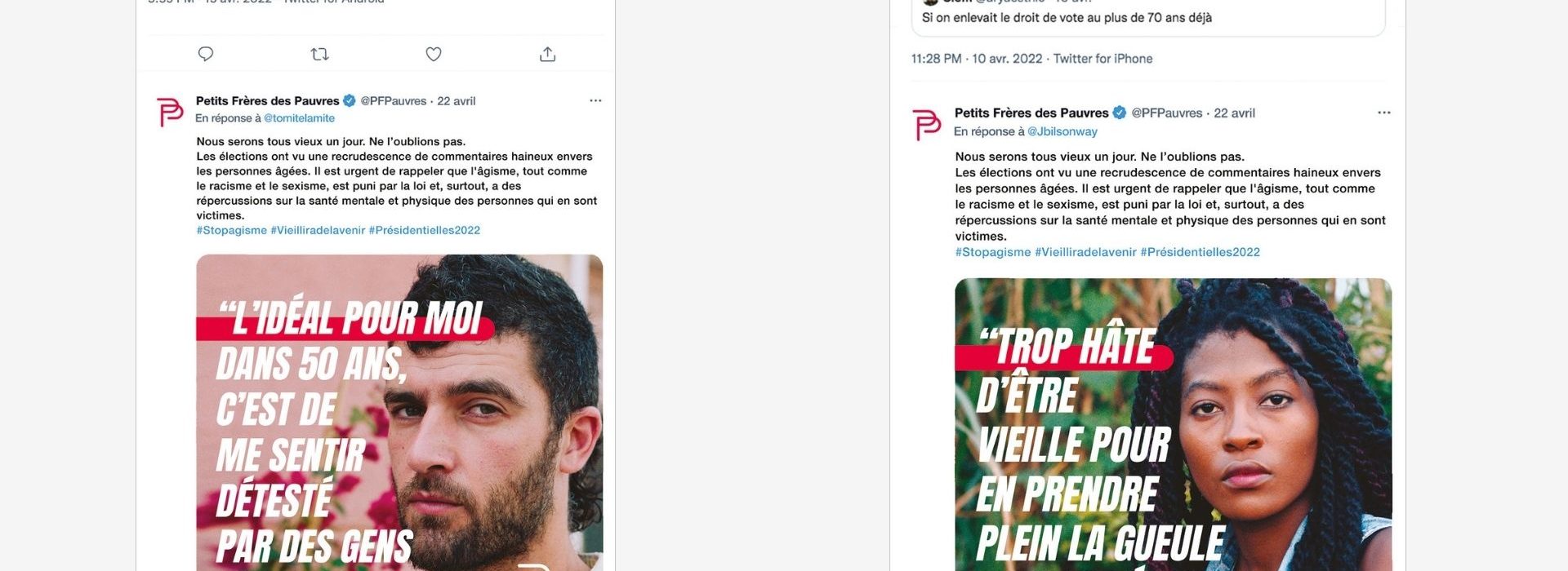 les Petits Frères des Pauvres rappelle que l'âgisme, tout comme le racisme ou le sexisme, est puni par la loi. Affiche de la campagne de l'association des Petits Frères des Pauvres