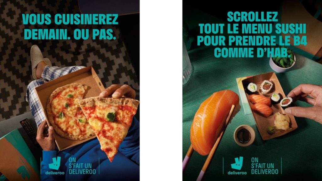 Deliveroo lance sa nouvelle campagne qui explore  et célèbre les rituels de commande de ses clients en France Affiche campagne de communication Deliveroo