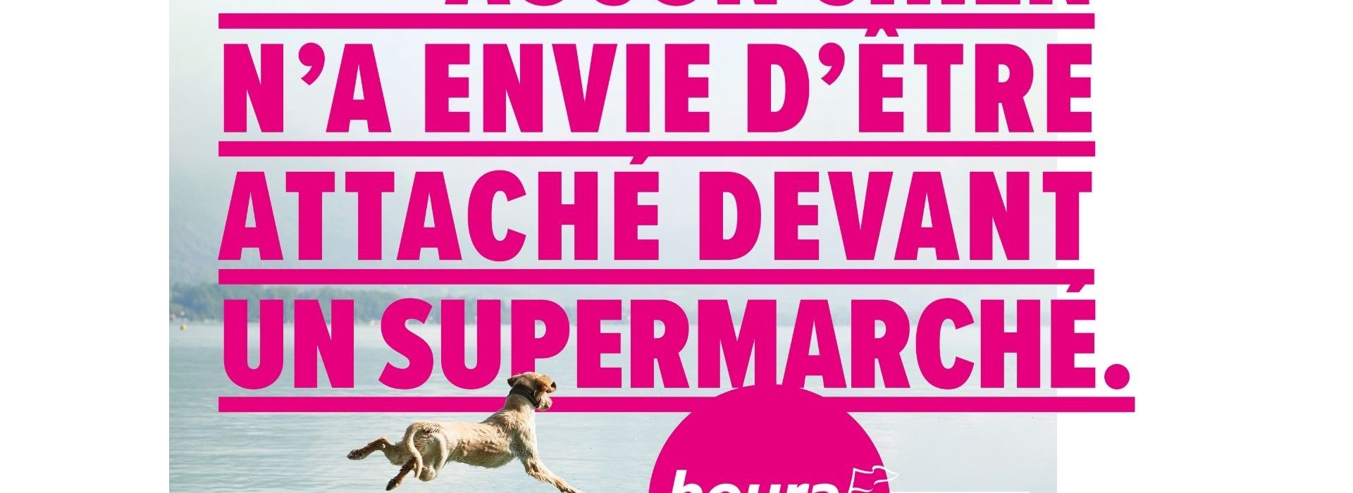 houra.fr, pionnier français des courses en ligne lance à partir du 9 mai une campagne d’affichage avec l’agence Les Présidents. Affiche avec le message - Aucun chien n'a envie d'être attaché devant un supermarché -