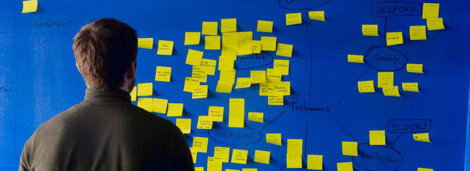 Qu'est-ce qu'une startup ? Hiomme devant un tableau rempli de post-it