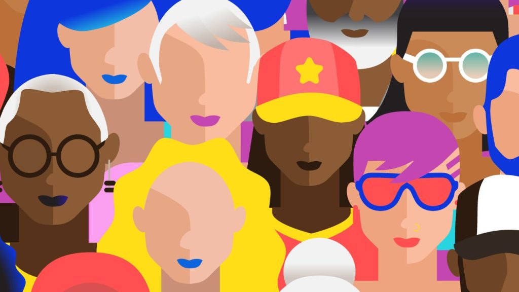 Le cycle de vie d'un écosystème publicitaire responsable – Interview Clément Bascoulergue, Country Manager IAS France Foule de personnes adultes abstraites et diverses dans des couleurs plates modernes et vibrantes