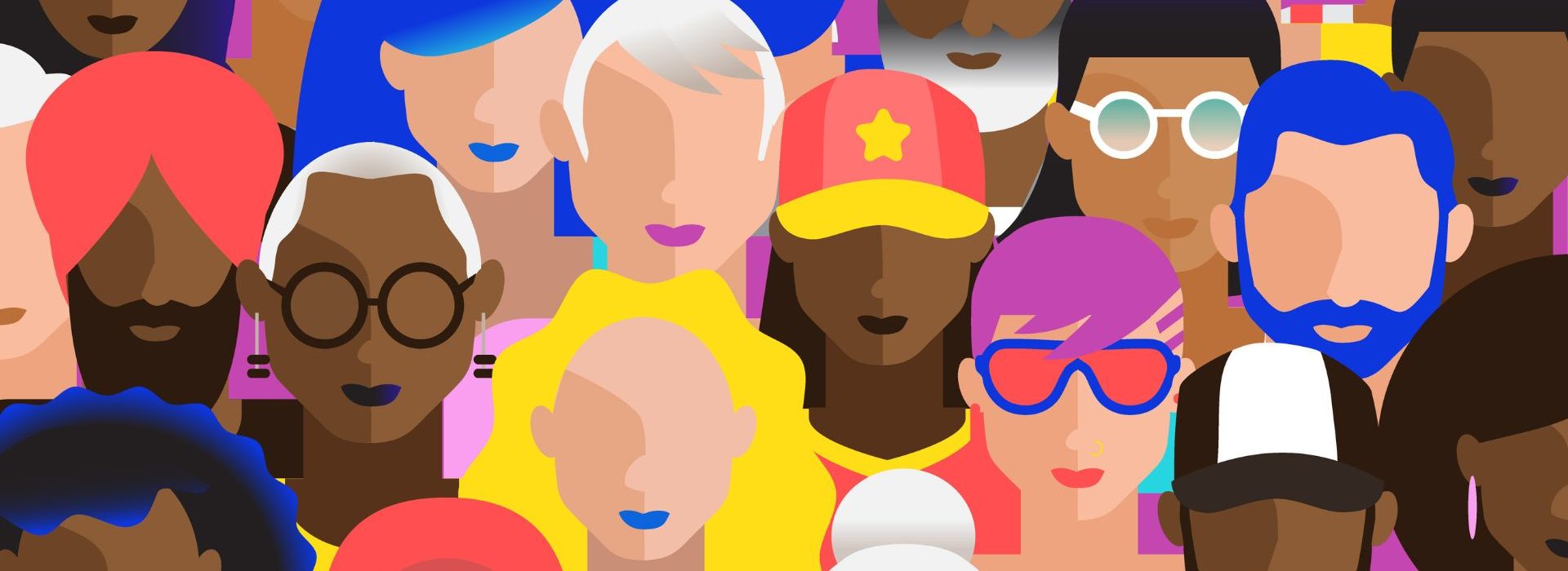 Le cycle de vie d'un écosystème publicitaire responsable – Interview Clément Bascoulergue, Country Manager IAS France Foule de personnes adultes abstraites et diverses dans des couleurs plates modernes et vibrantes