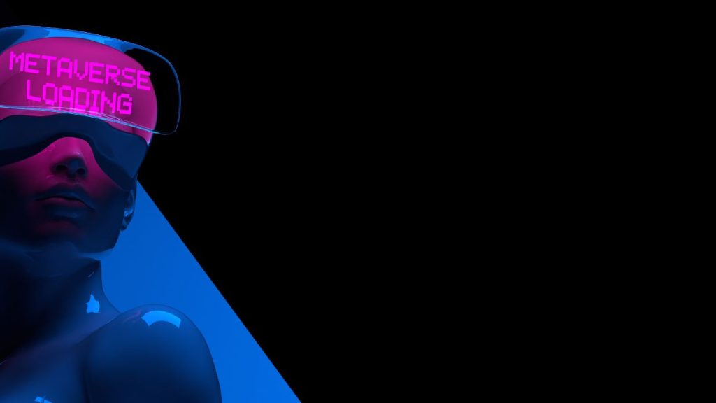 Quels défis et quels enjeux pour une entreprise dans le design de marque avec l’essor du Web3 ? Cyber féminin bleu avec des lunettes de texte META VERSE LOADING rose fluo sur fond géométrique sombre