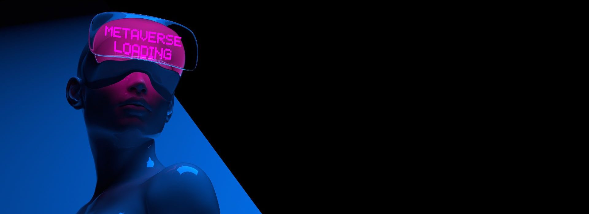 Quels défis et quels enjeux pour une entreprise dans le design de marque avec l’essor du Web3 ? Cyber féminin bleu avec des lunettes de texte META VERSE LOADING rose fluo sur fond géométrique sombre