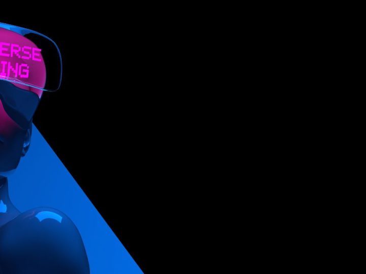 Cyber féminin bleu avec des lunettes de texte META VERSE LOADING rose fluo sur fond géométrique sombre