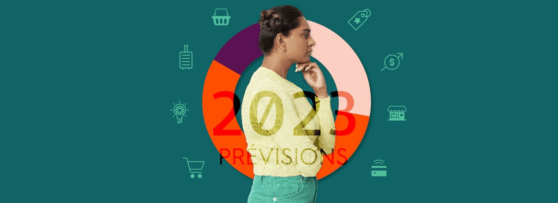 Quelles seront les tendances du commerce média en 2023 ? Femme entourée d'icone e-commerce