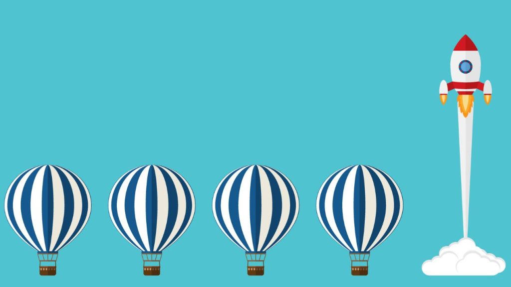 Startup : La base de données B2B, clé de voûte de la stratégie de prospection Rangée de montgolfières, avec une fusée qui décolle