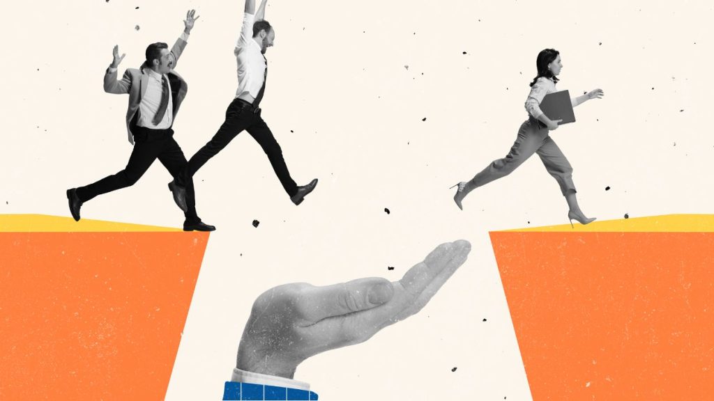 Bien construire son équipe customer success Design moderne et créatif. Collage d’art contemporain escalade sautant par-dessus une falaise symbolisant le succès