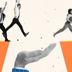 Design moderne et créatif. Collage d’art contemporain escalade sautant par-dessus une falaise symbolisant le succès