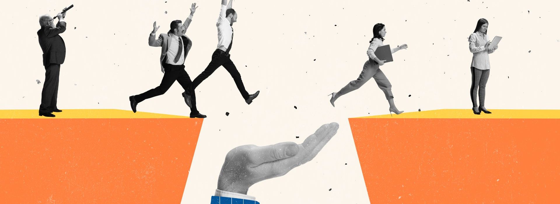 Bien construire son équipe customer success Design moderne et créatif. Collage d’art contemporain escalade sautant par-dessus une falaise symbolisant le succès