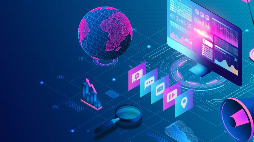 Le marché publicitaire 2022 et prévisions : Une croissance maintenue Plateforme d’achat média et concept de marketing programmatique - Illustration 3D - Illustrations