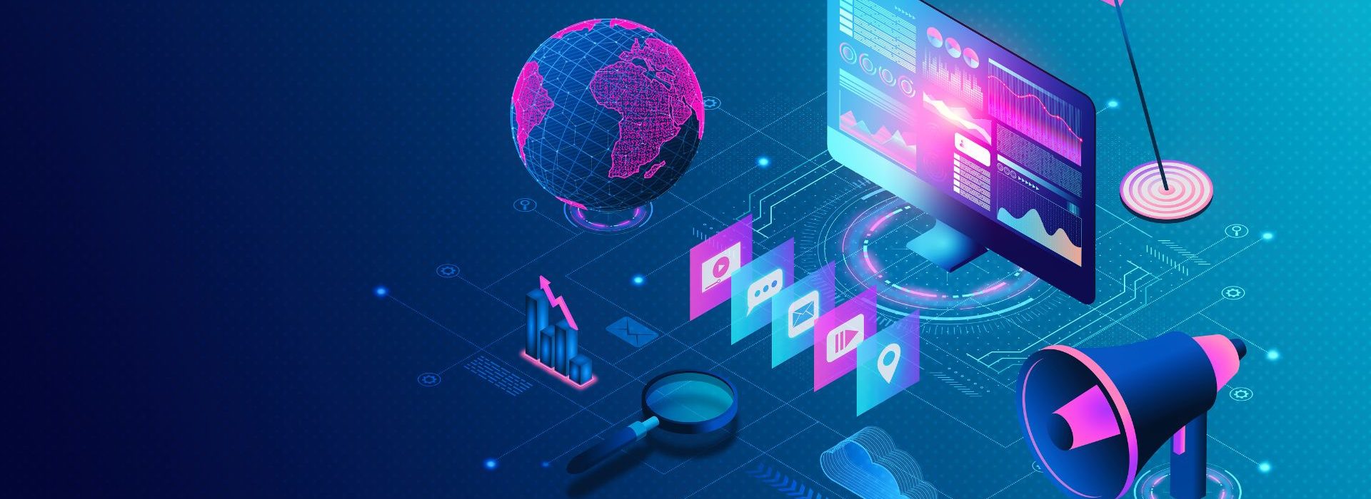 Le marché publicitaire 2022 et prévisions : Une croissance maintenue Plateforme d’achat média et concept de marketing programmatique - Illustration 3D - Illustrations