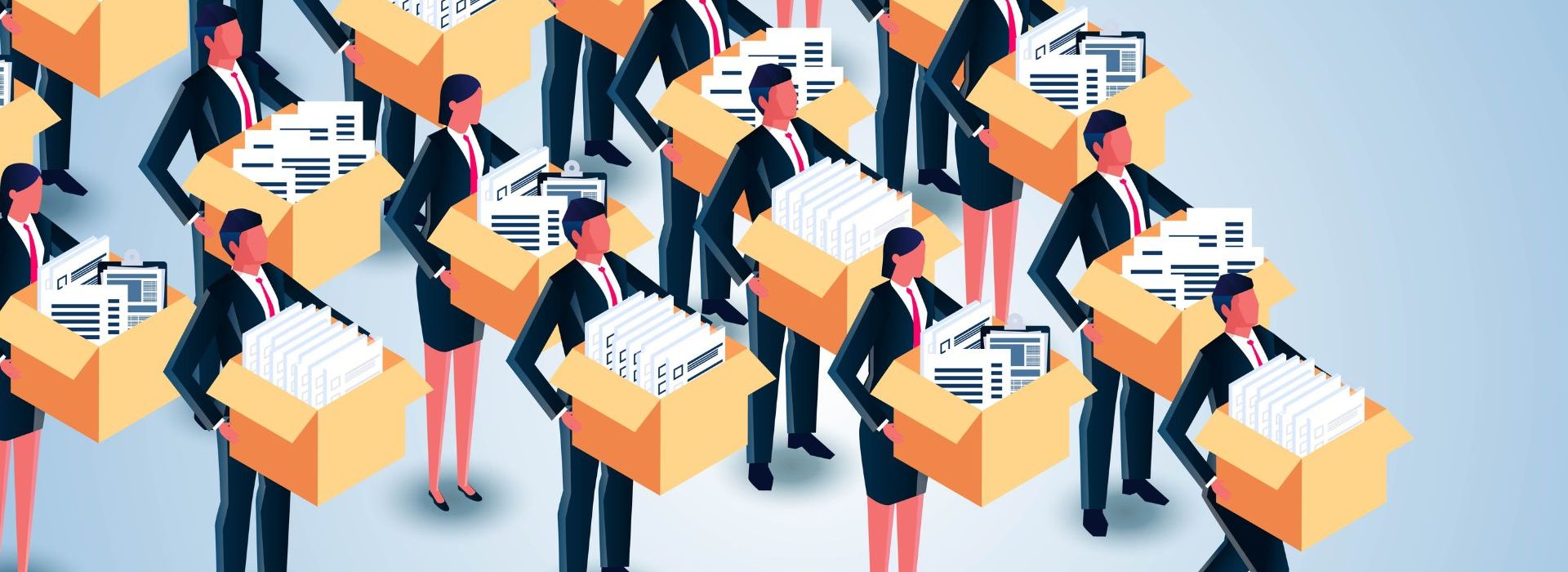 48 % des entreprises utilisant ChatGPT ont procédé à des liecenciements File de personnes en costume portant un carton