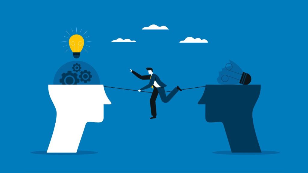 2 cerveaux relié par une corde, au milieu de laquelle se trouve un homme en costume