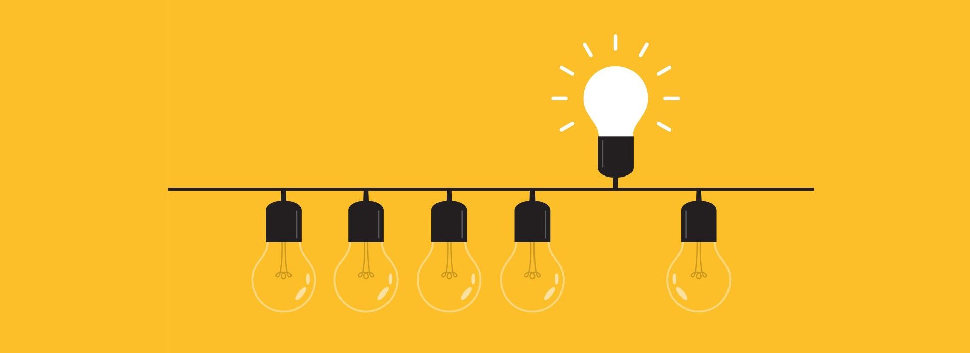 Zoom sur la génération de leads B2B, un concept, venu d’outre-Atlantique, à mi-chemin entre le marketing et la prospection. Rangée de 6 ampoules. 5 éteintes et tournées vers le bas et une allumée et tournée vers le haut.