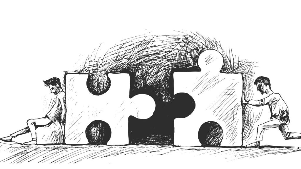 Hommes assemblant les pièces d'un puzzle illustration vectorielle de croquis dessinés à la main