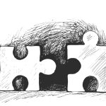 Hommes assemblant les pièces d'un puzzle illustration vectorielle de croquis dessinés à la main