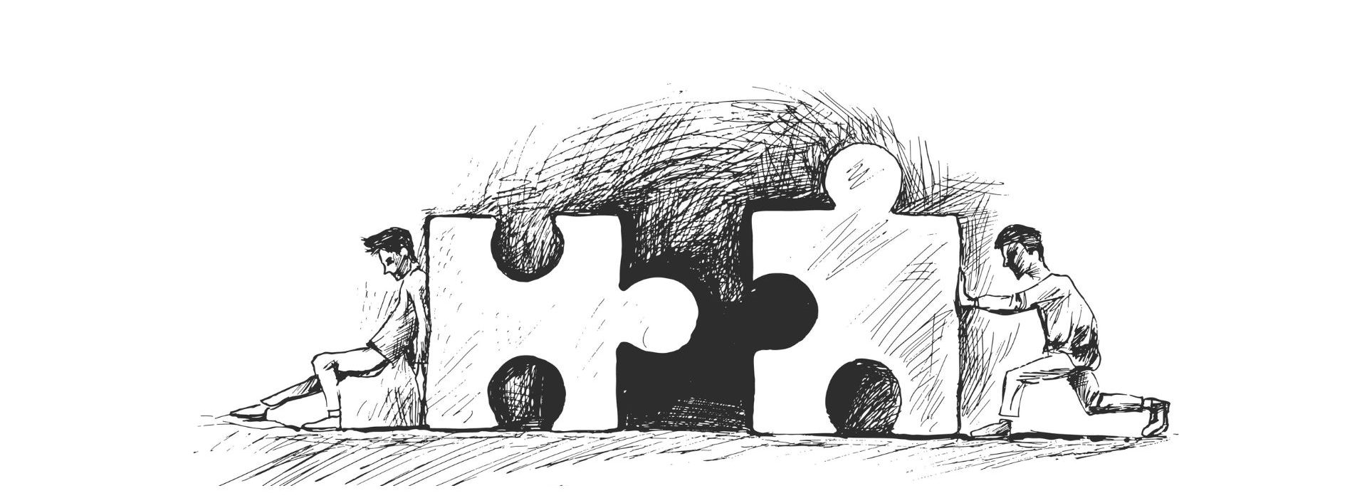 Ventes et marketing : comment aligner les départements ? Hommes assemblant les pièces d'un puzzle illustration vectorielle de croquis dessinés à la main