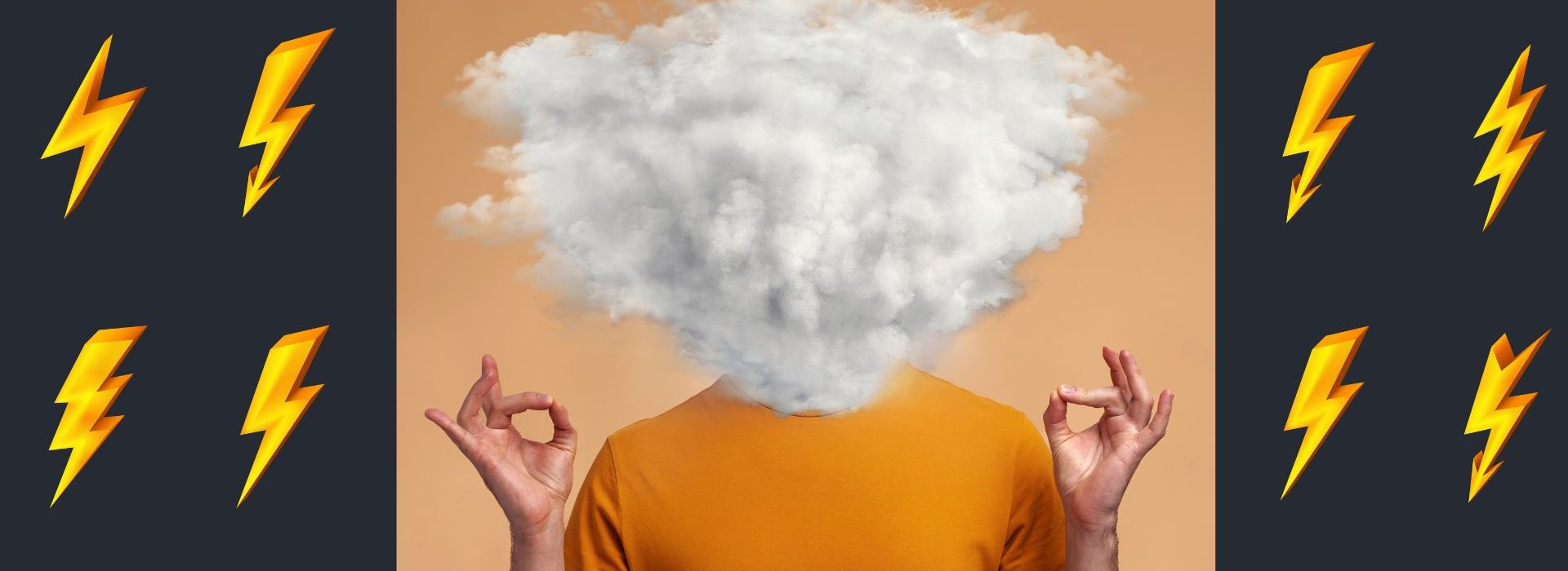 Quelles solutions pour réduire sa charge au travail et mieux la vivre ? Homme avec un nuage à la place de la tête entouré d'éclairs