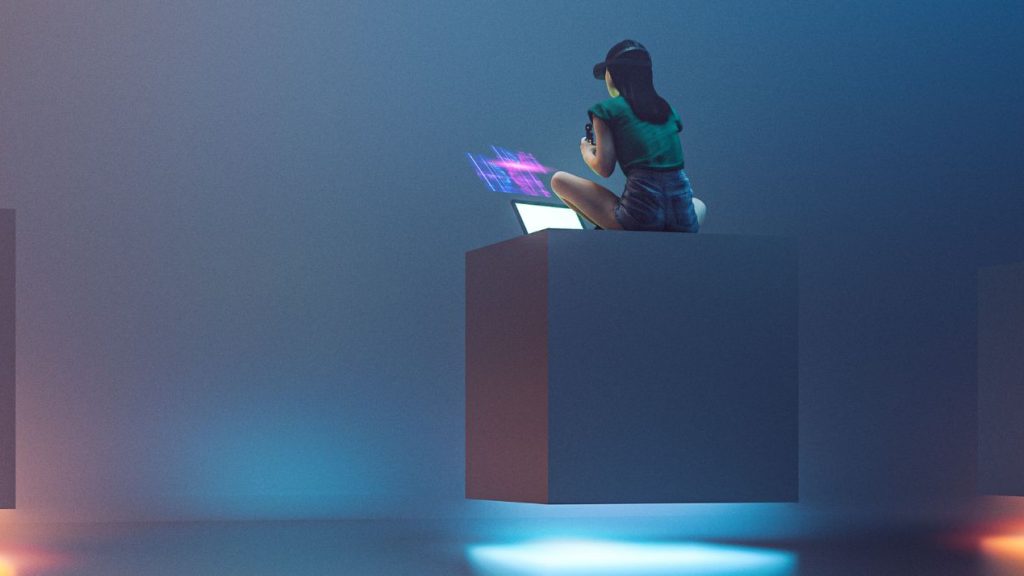 Jeune femme utilisant un ordinateur portable pour une expérience VR