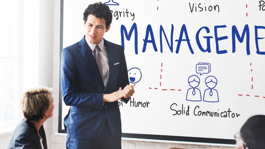 Quelles sont les compétences dont les cadres dirigeants ont besoin pour faire face aux défis actuels ? Jeune homme en costume devant un tableau sur lequel se trouve une carte mentale du management