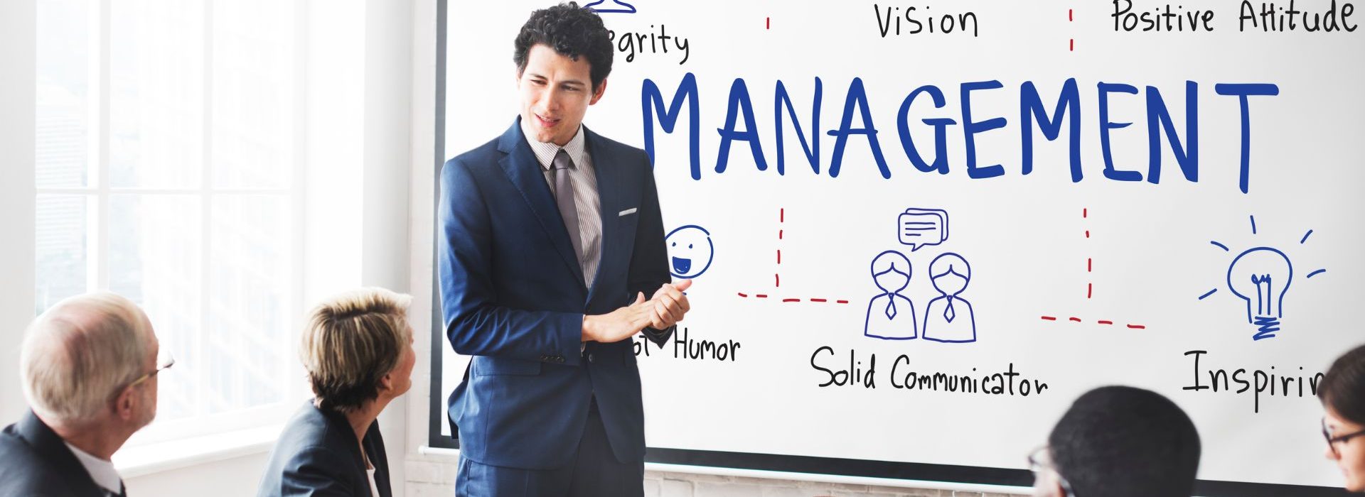 Quelles sont les compétences dont les cadres dirigeants ont besoin pour faire face aux défis actuels ? Jeune homme en costume devant un tableau sur lequel se trouve une carte mentale du management