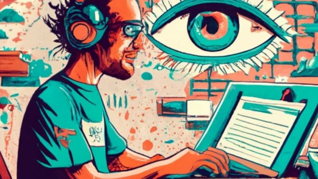 Vous êtes un spécialiste de la vente, et vous êtes à la recherche de solutions efficaces votre prospection ? CRM ou LinkedIn ? Homme devant un ordinateur, un oeil en arrière plan le fixant