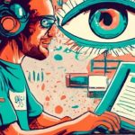 Homme devant un ordinateur, un oeil en arrière plan le fixant