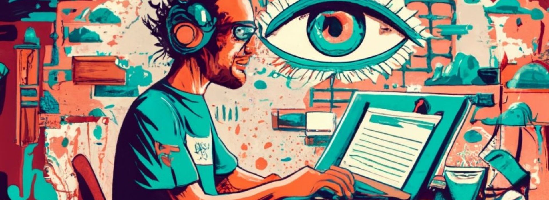 Vous êtes un spécialiste de la vente, et vous êtes à la recherche de solutions efficaces votre prospection ? CRM ou LinkedIn ? Homme devant un ordinateur, un oeil en arrière plan le fixant